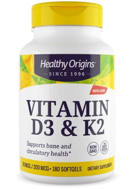 Vitamin D3 & K2, 50mcg/200mcg, 180 Softgels, Healthy Origins